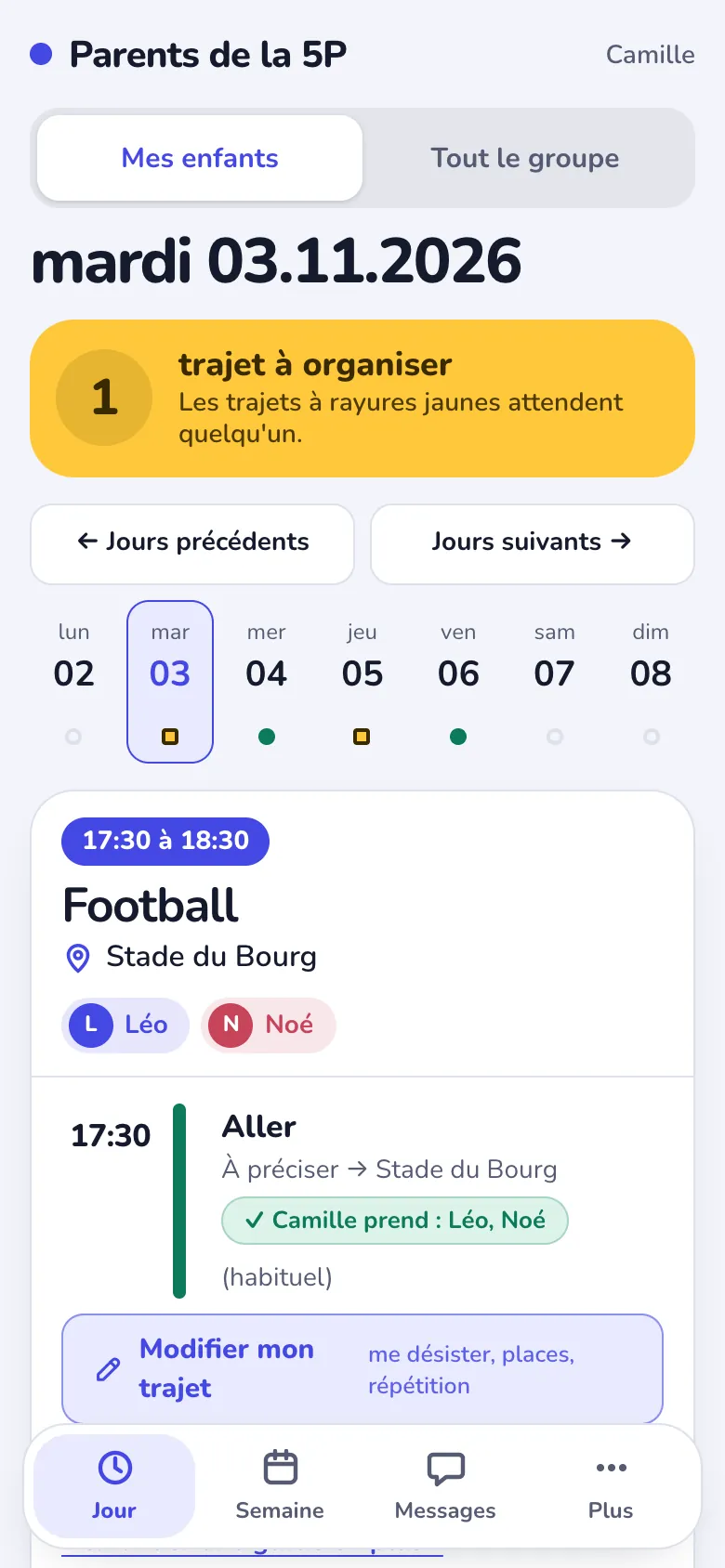 Écran du jour : « 1 trajet à organiser ».