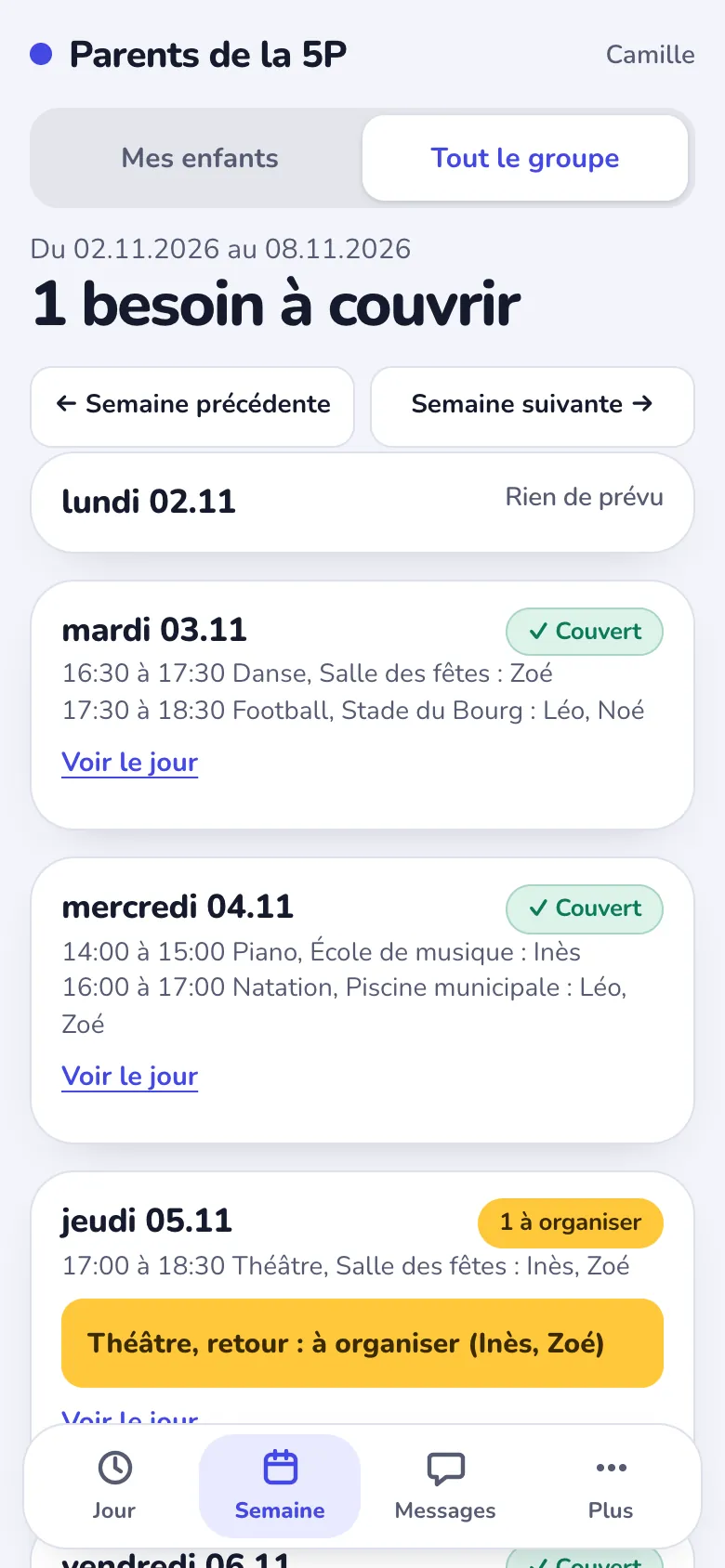 Écran Semaine : chaque jour, ce qui est couvert et ce qui manque.